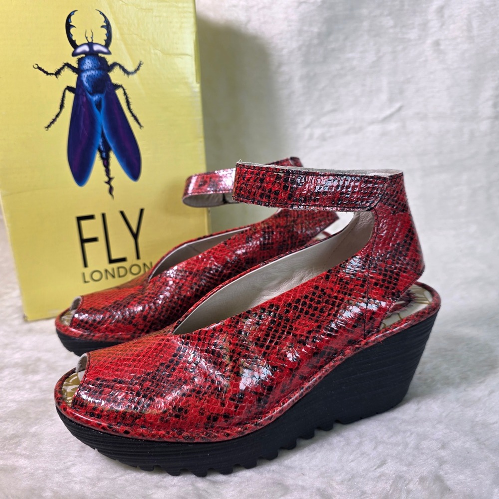 Fly London Yala Wedge Sandals Red Snakeskin Leather Exotic Womens 36 5 5.5